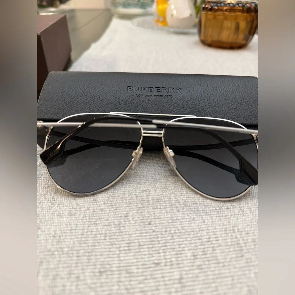 Burberry Silver and Black Aviator Sunglasses
